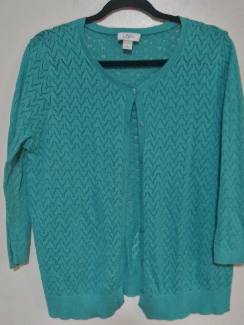 Ann Taylor LOFT XL Turquoise 3/4 Sleeve Pointelle Cotton Knit Cardigan Sweater